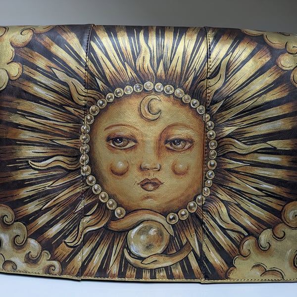 Hand-Painted Sun Vintage Faux Leather Messenger Bag