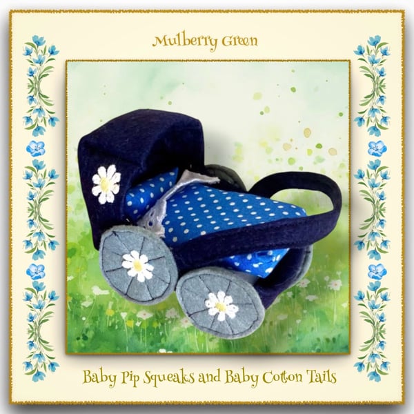 A Pretty Navy Felt Pram for the baby Pip Squeaks and Cotton Tails