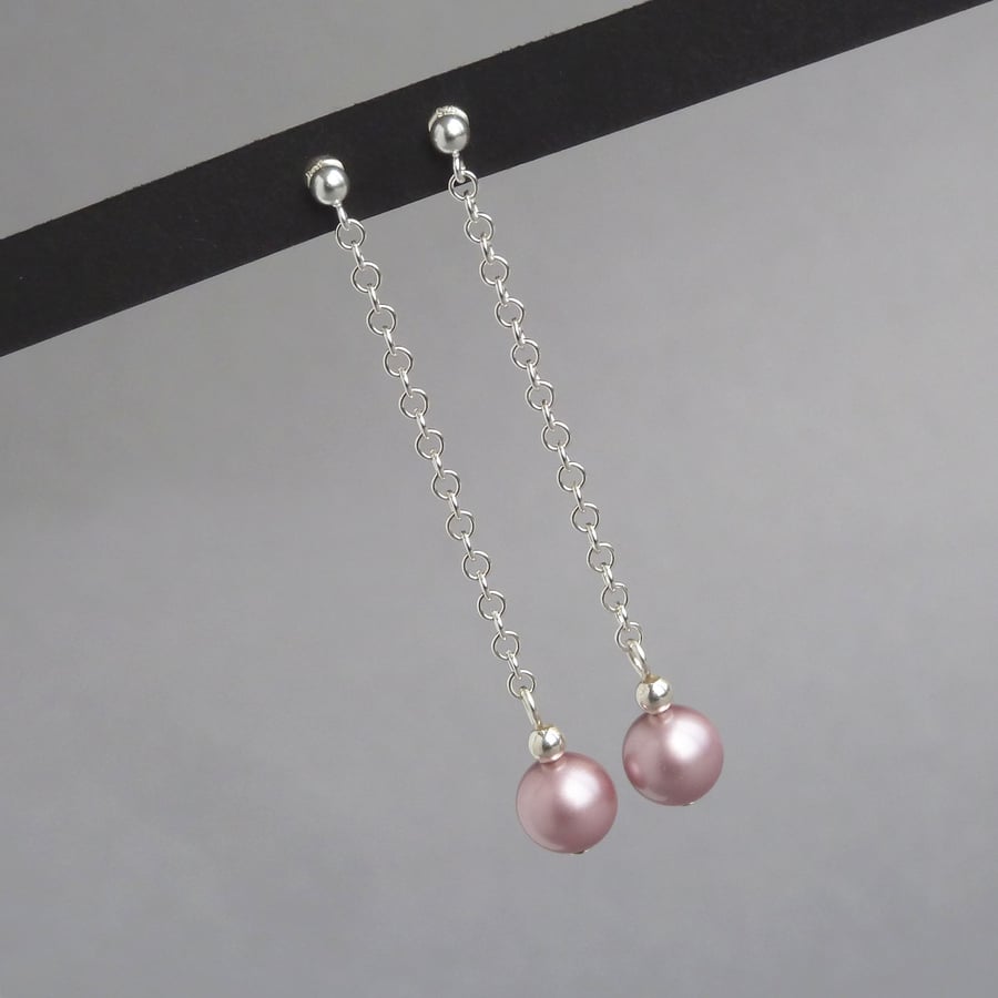 Long Drop Dusky Pink Earrings - Rose Pearl Dangle Earrings - Bridesmaids Gifts