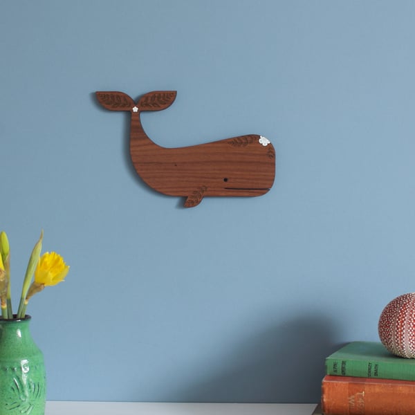 Walnut Whale Wall Hanging with Etched and Painted Floral Detail