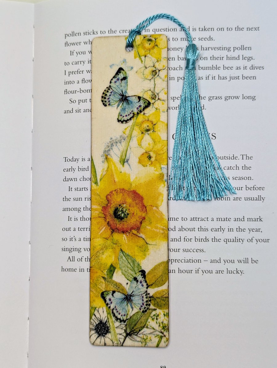 Spring daffodils and butterflies decoupaged wooden bookmark,  nature lover gift