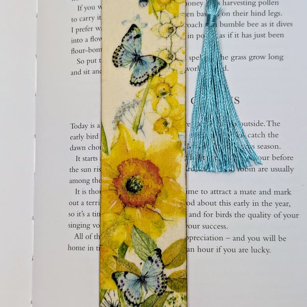 Daffodils and butterflies decoupaged wooden bookmark, Mothers Day gift