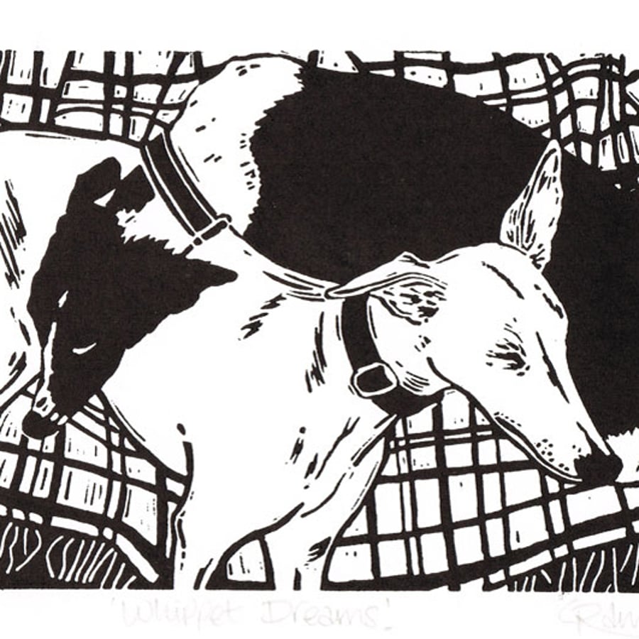 Sleeping Whippets - Original linocut print