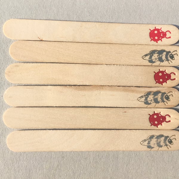 Birch Wood Plant Labels Bee and Ladybird x 6