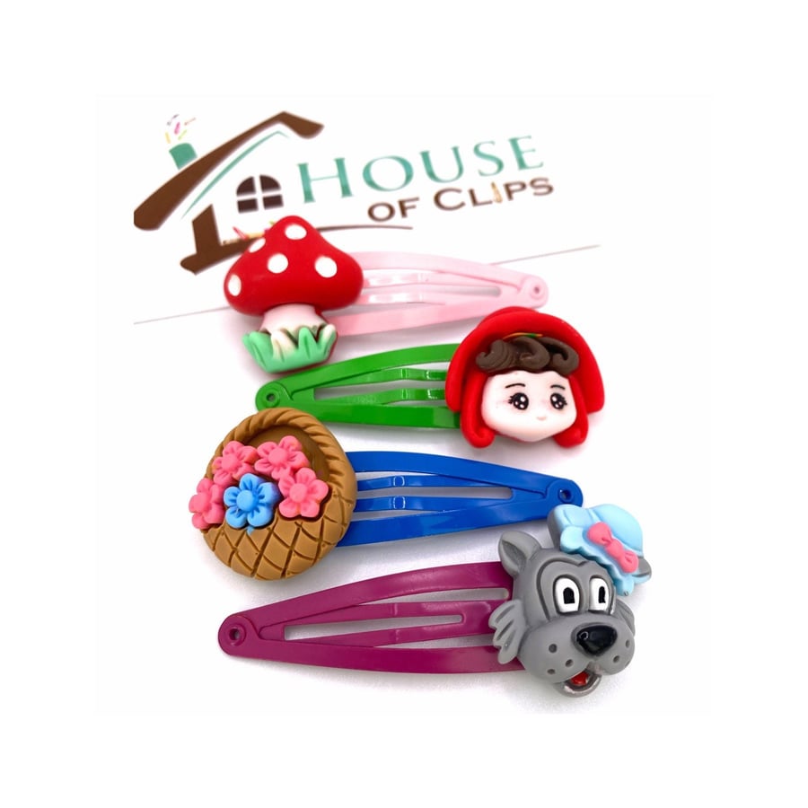 Little Red Riding Hood Hair Clips x4 - Traditional Tale Snap Clips x4 - Gift For