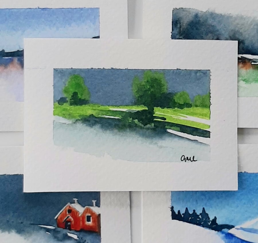 Handpainted ACEO Trading Card Of Lush Green Landscape. Small Painting