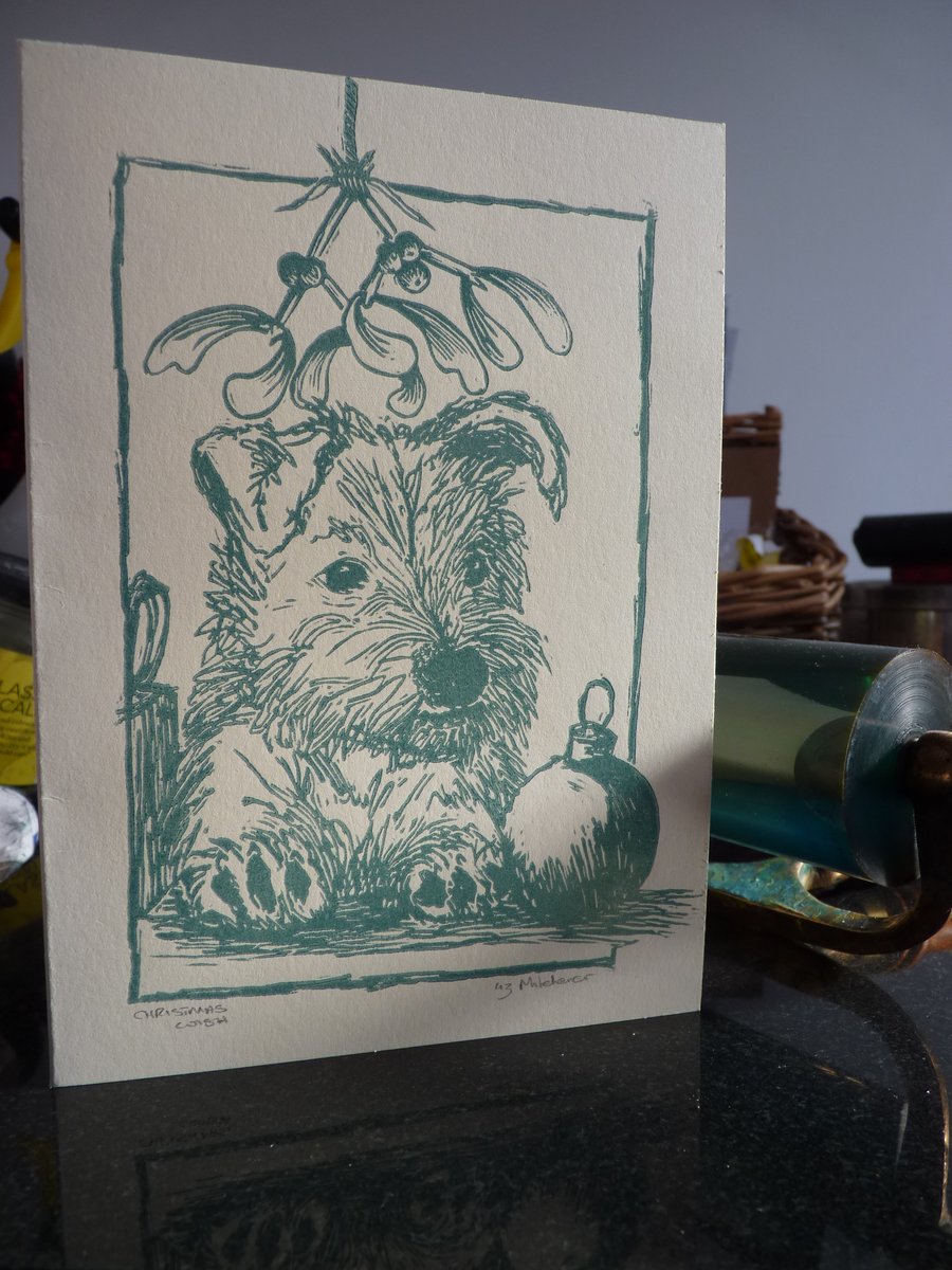 Original linocut xmas card "christmas wish'  puppy and mistletoe (cream)