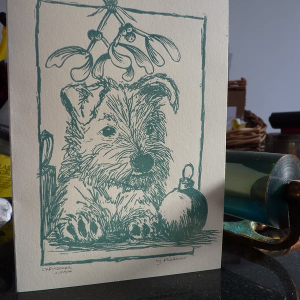 Original linocut xmas card "christmas wish'  puppy and mistletoe (cream)