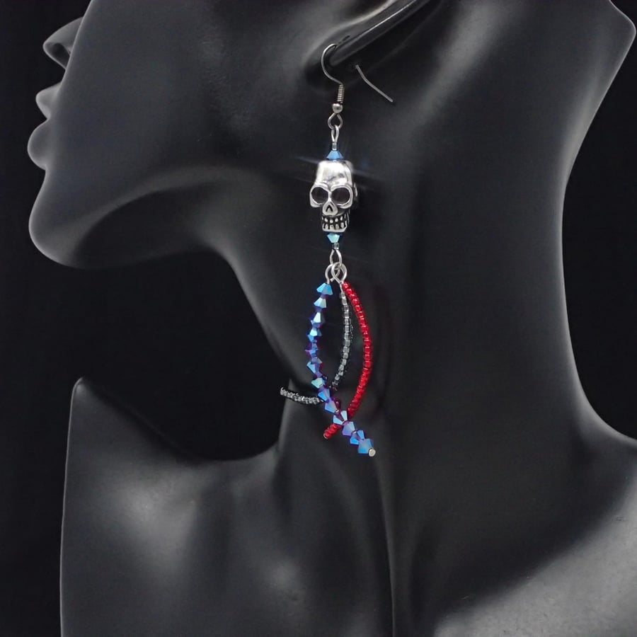 Sparkly Red and Black Gothic Halloween Skull Earrings, Gifts for Goths