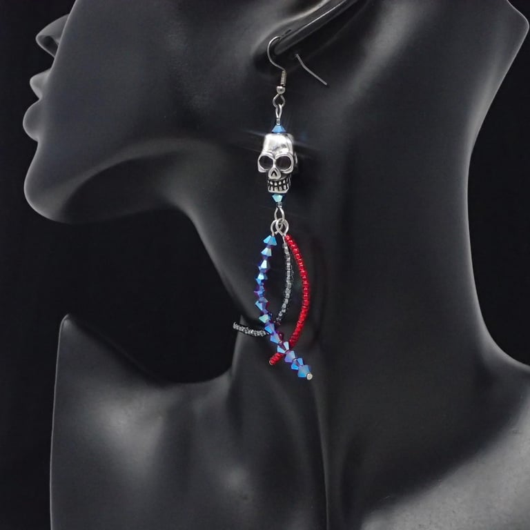 Sparkly Red and Black Gothic Halloween Skull Earrings, Gifts for Goths