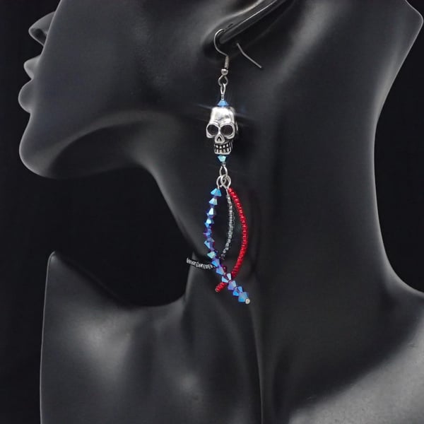 Sparkly Red and Black Gothic Halloween Skull Earrings, Gifts for Goths