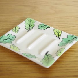 Soap Dish - Green Oak Leaves