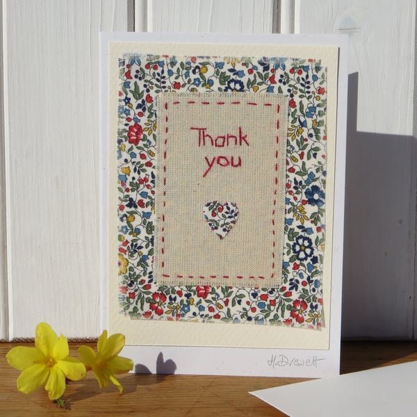 Hand-stitched Thank You card with pretty Liberty Tana Lawn flower print fabric