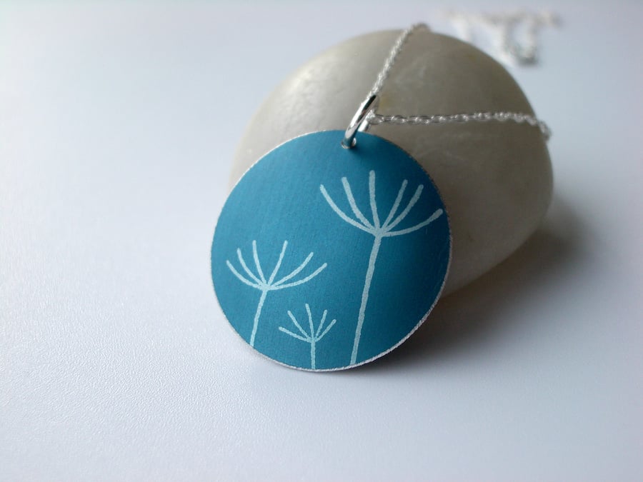 Dandelion seed pendant necklace in teal and silver