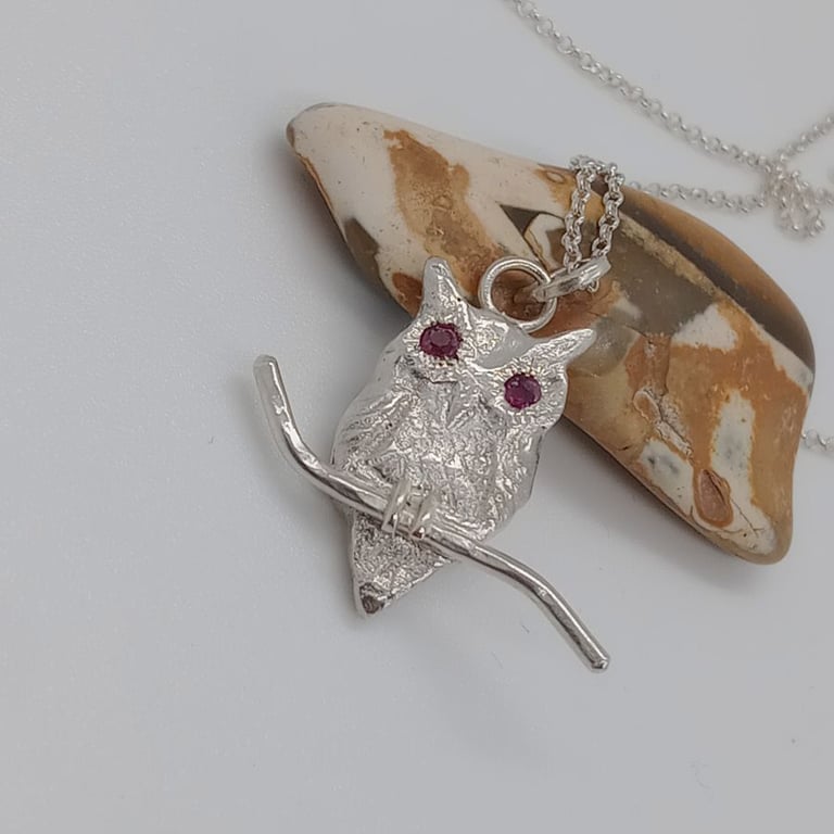  Ruby Owl Necklace Sterling Silver Hallmarked Handmade Gem Owl