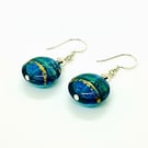 Sea Blue Green Murano Glass Earrings, 22kt Gold Foil, Sterling Silver Ear Wires