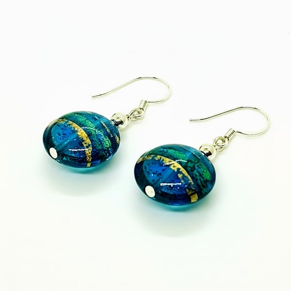 Sea Blue Green Murano Glass Earrings, 22kt Gold Foil, Sterling Silver Ear Wires