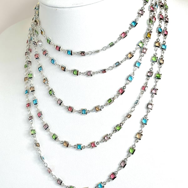 Very Long Multicolour Square CZ Crystal Chain Necklace Silver 40 inch or 78 Inch