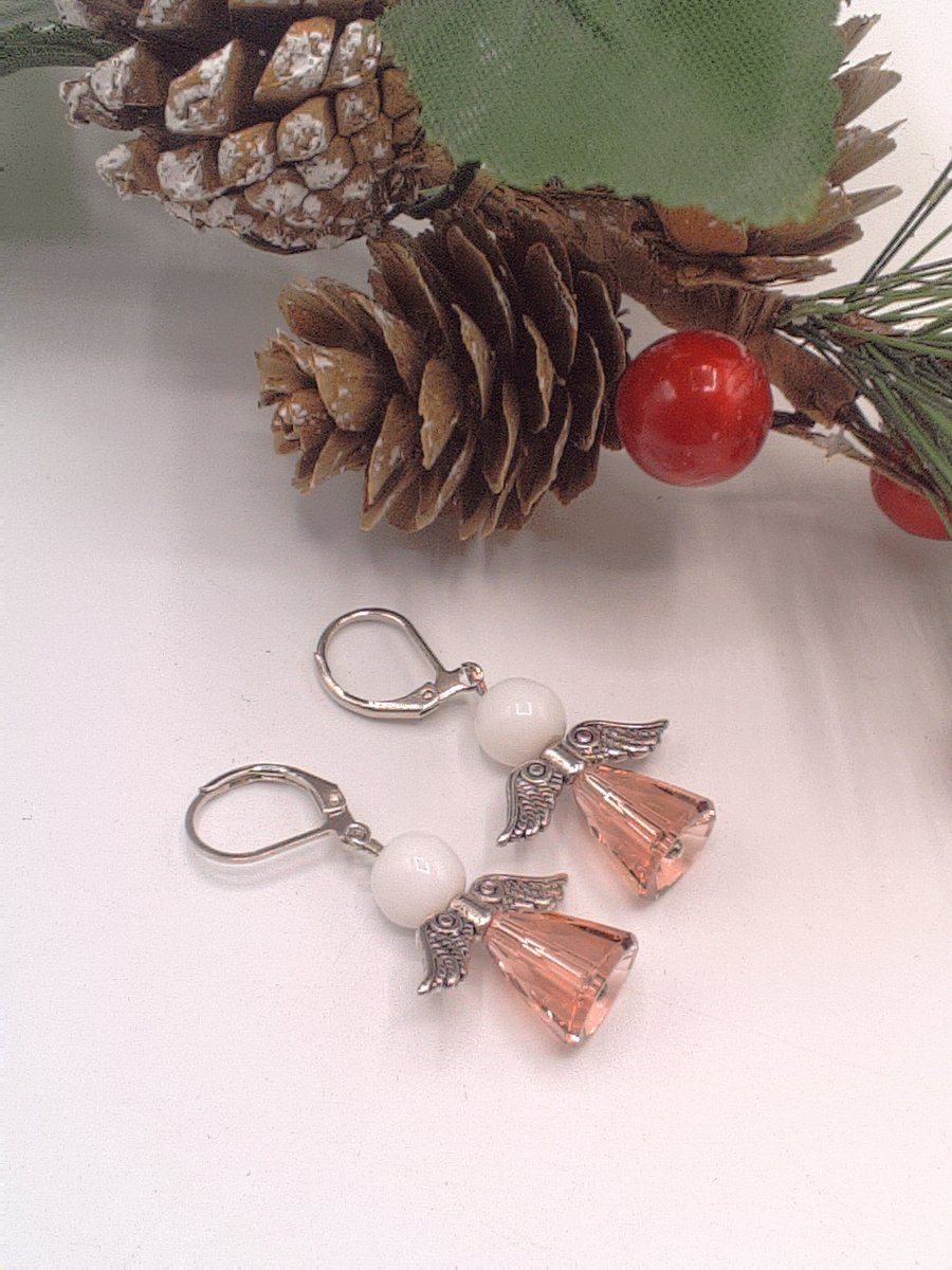 Pink Crystal Beaded Angel Earrings, Crystal Earrings, Angel Earrings