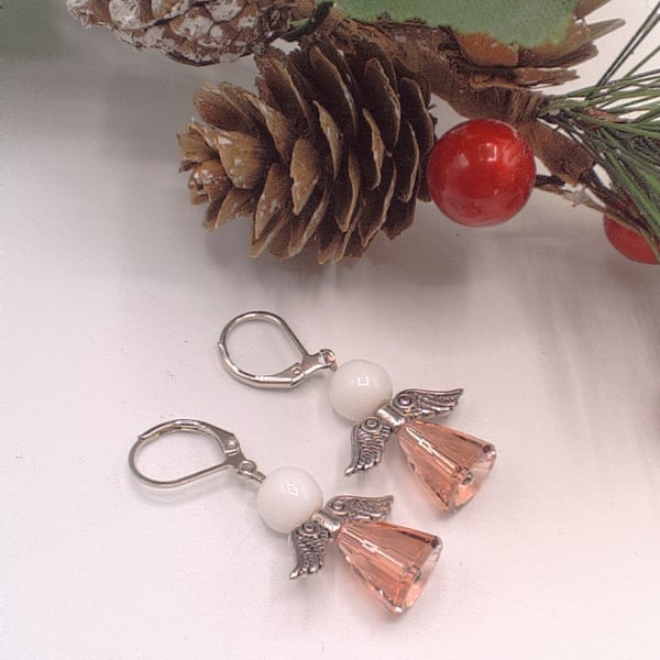Pink Crystal Beaded Angel Earrings, Crystal Earrings, Angel Earrings