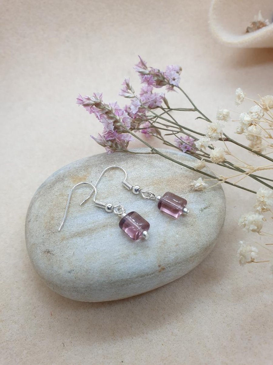 purple earrings glass bead  silver plated cute boho vintage style