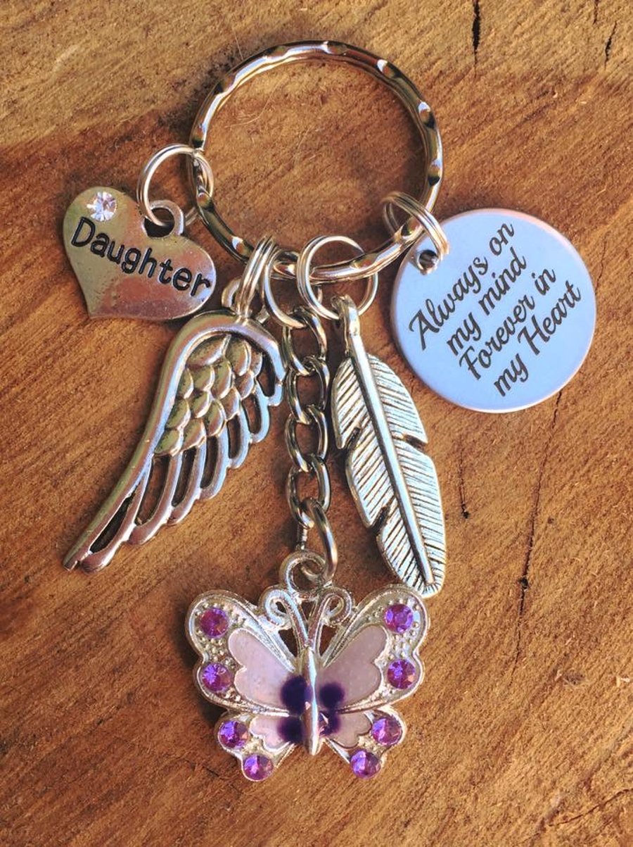 Personalised purple butterfly Always on my mind Forever in my heart Keyring