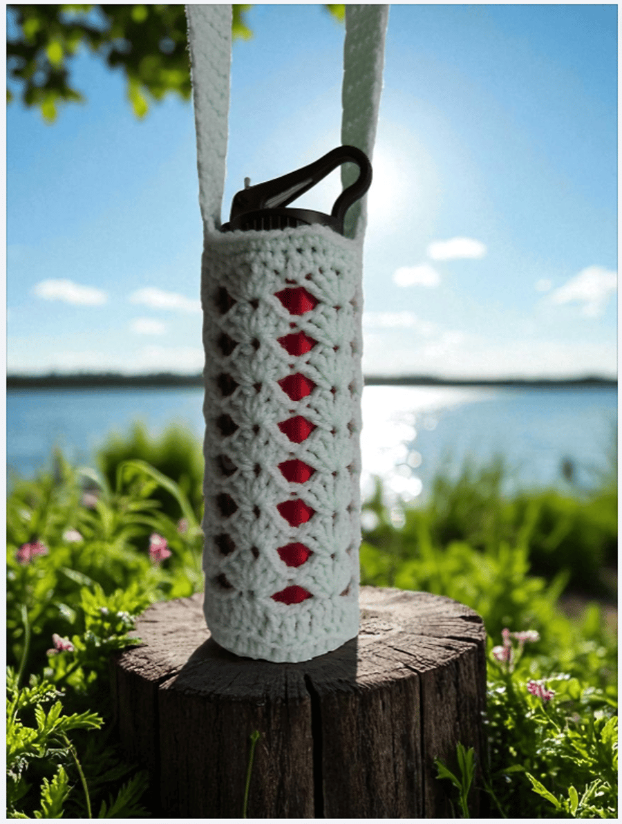 Hand Crochet Water Bottle Holder Crossbody Water Bottle Carrier - Mint Green