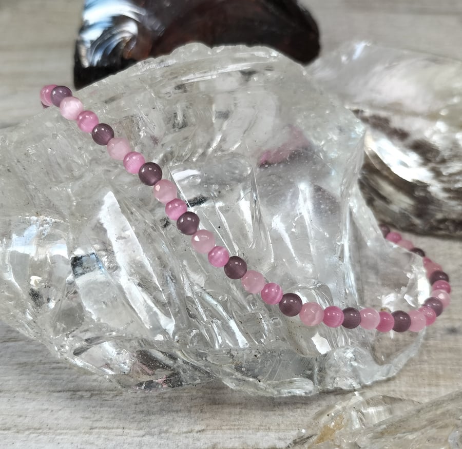 AL89 Purple and pink cats eye beaded anklet
