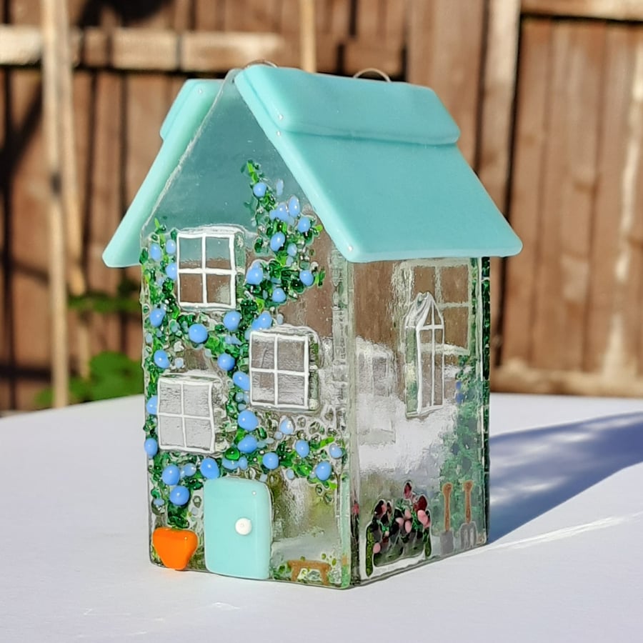 Fused Glass House with Robin's Egg Blue Roof