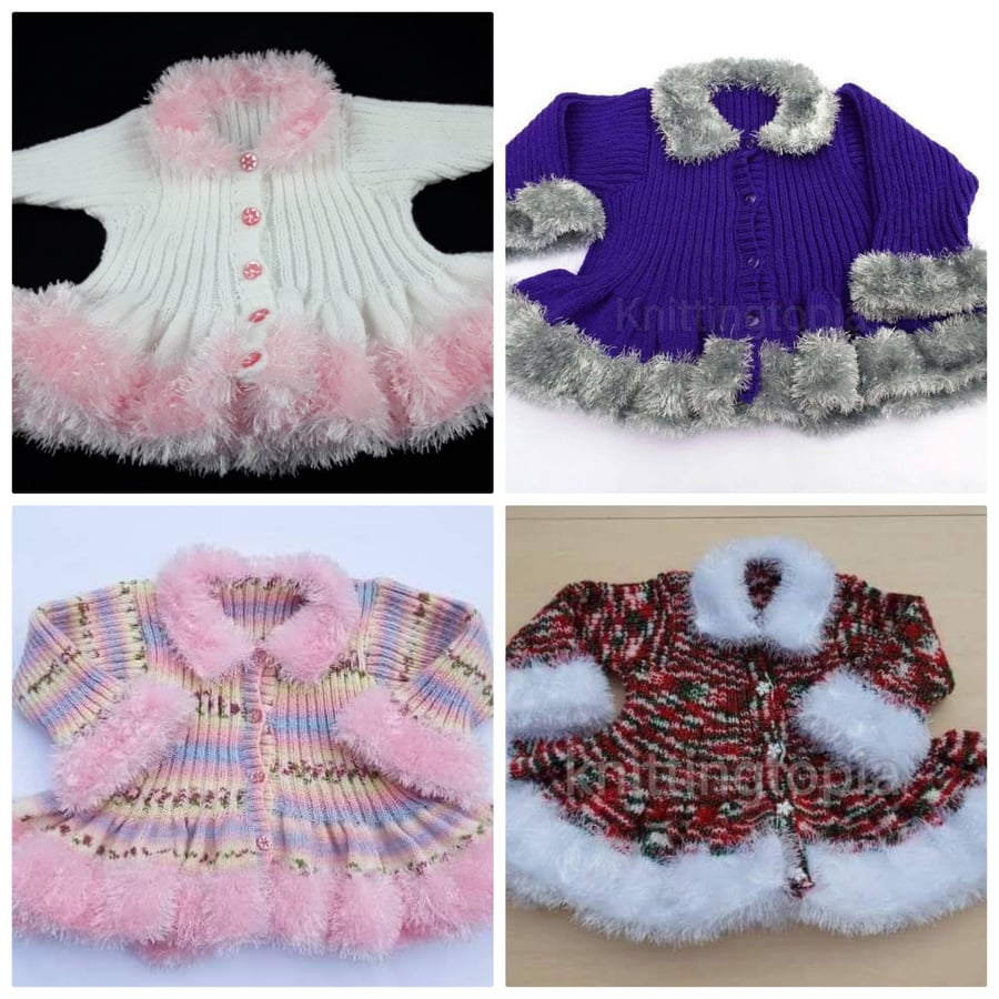 Girls hand knitted fluffy trim peplum cardigan made to order