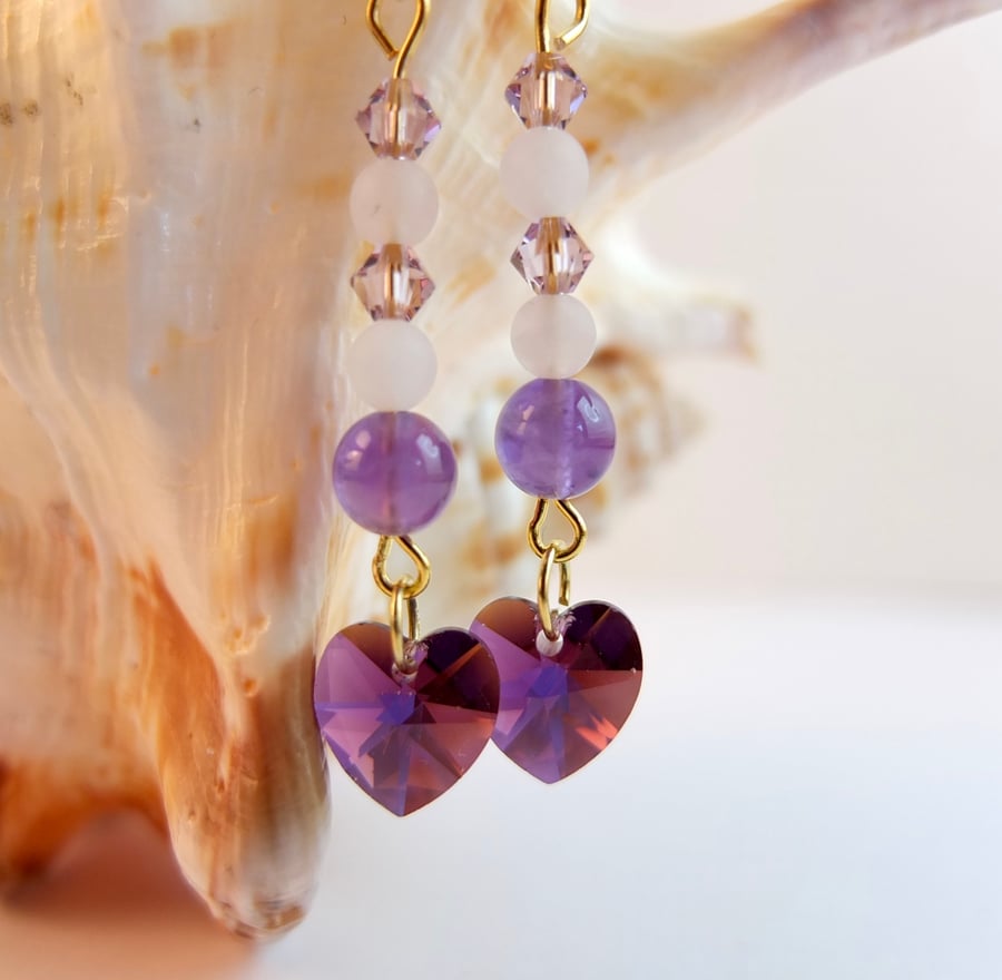 Swarovski Crystal Heart, Amethyst and Rose Quartz Earrings - Handmade In Devon.