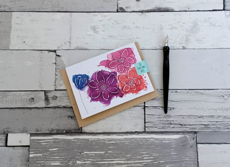 Flower Watercolour Greeting Card, A6 Tent Fold Folksy