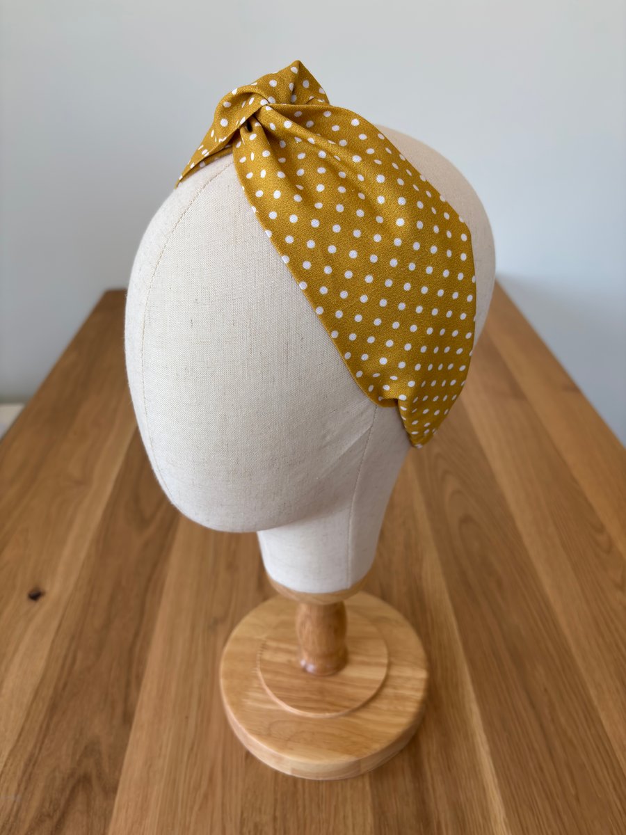 Cotton headband, twist knot style hairband in a mustard and white spot design