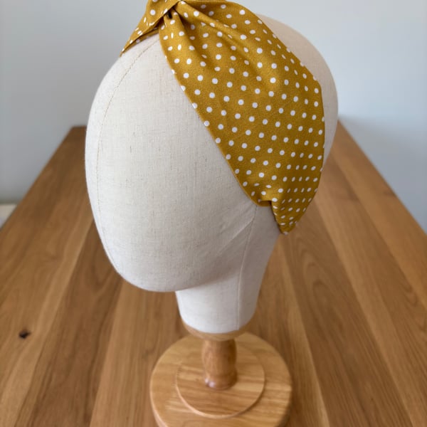 Cotton headband, twist knot style hairband in a mustard and white spot design