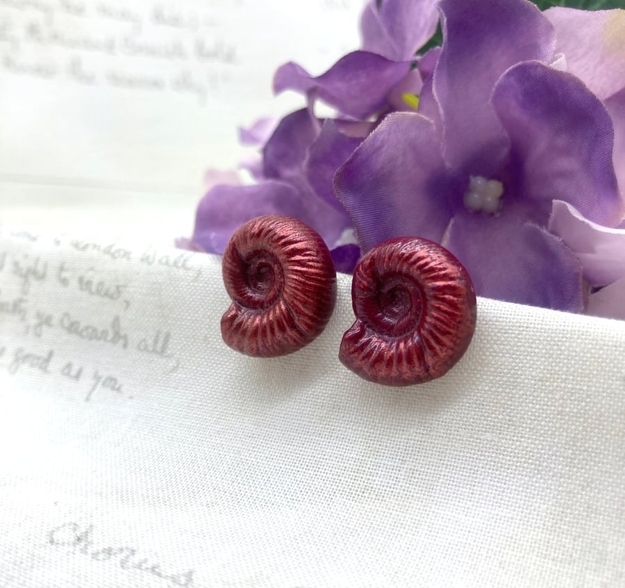 Perfectly Imperfect - Fossil Ammonite stud earrings in deep ruby red
