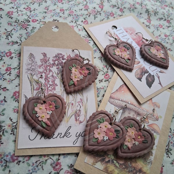 CLEARANCE! polymer clay earrings handmade- reduced-wooden hearts
