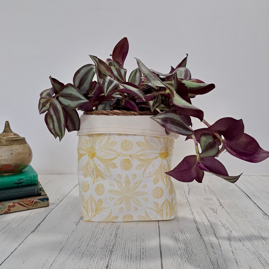Hand Printed Linen Storage Basket, Storage Pot, Plant Pot - Ochre Yellow