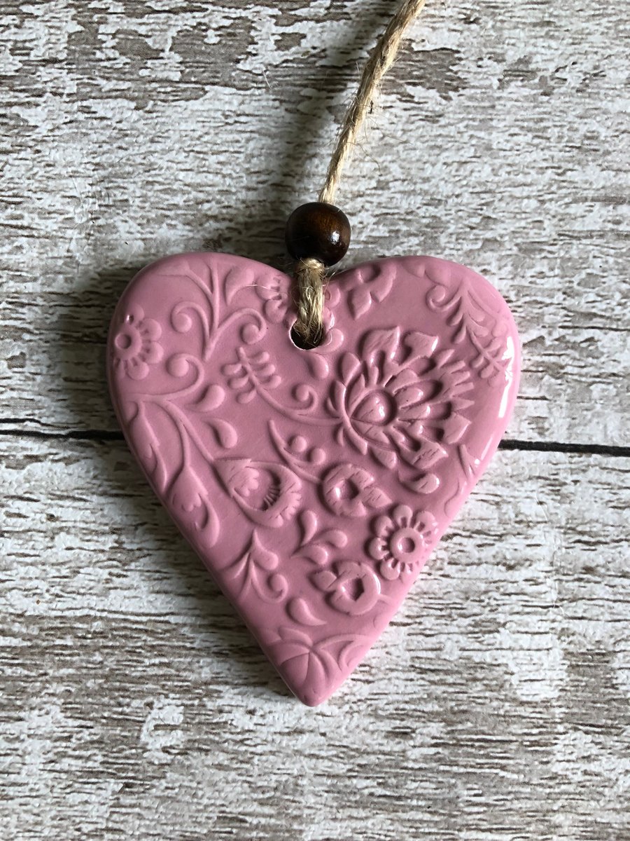Handmade hanging heart decoration, ceramic, clay love heart, pink