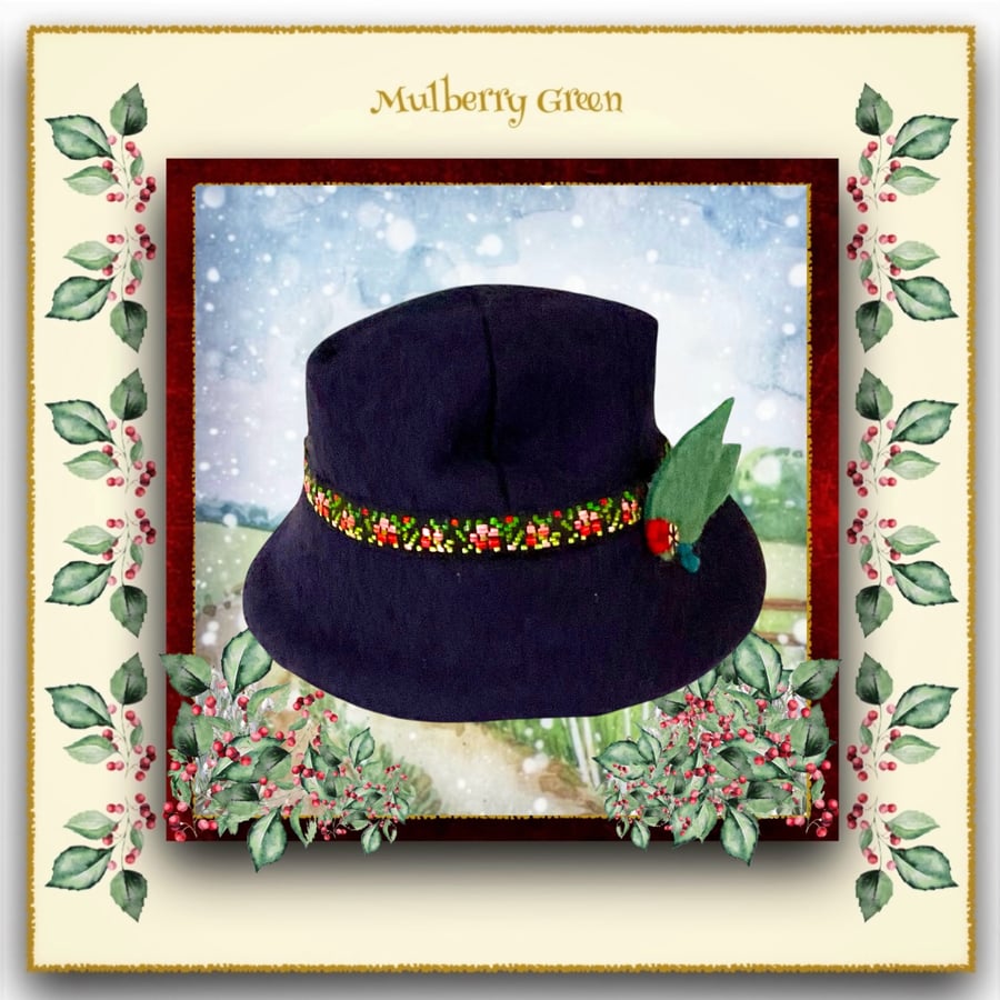 Reserved for June - Navy Felt Hat trimmed with Braid