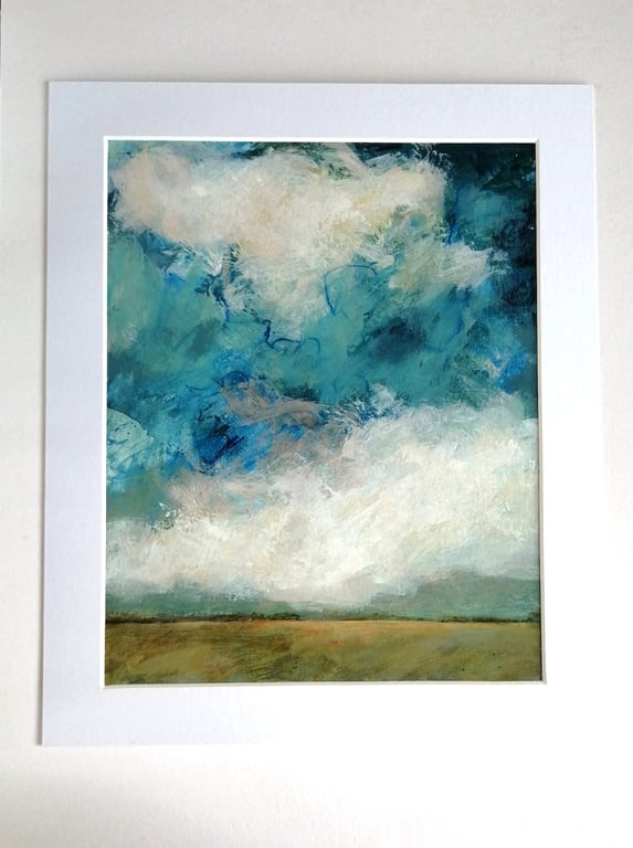 Original Landscape Art, Green Painting in White Mount 12"x10"