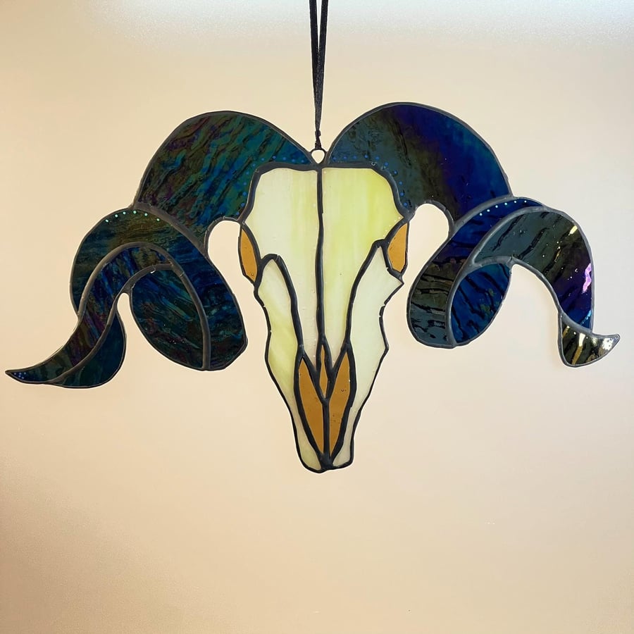 Stained Glass Sheep Skull Suncatcher, Glass Art