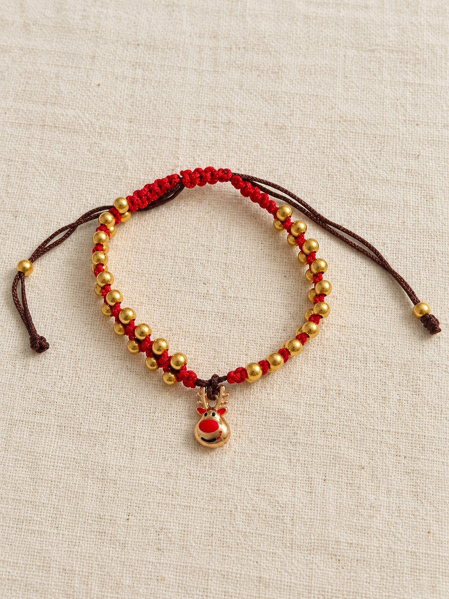 Children's Christmas Reindeer Macramé Bracelet – Red & Brown, Adjustable