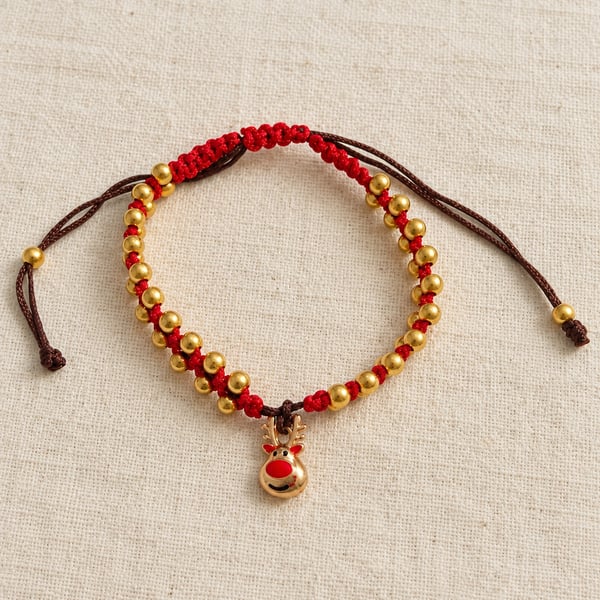 Children's Christmas Reindeer Macramé Bracelet – Red & Brown, Adjustable