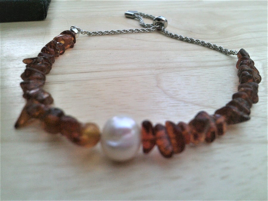 Baltic Amber Bracelet & White Freshwater Pearl, Adjustable Slider Bracelet 