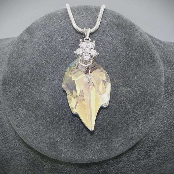 Crystal Leaf pendant  Flower bail  Silver chain  Mothers day gift 