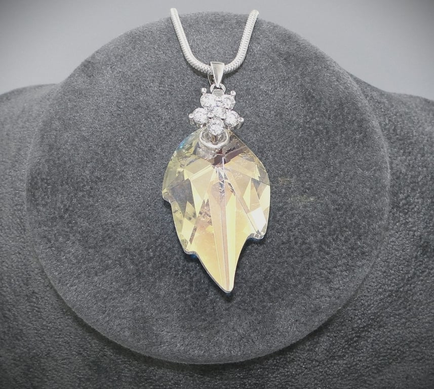 Crystal Leaf pendant  Flower bail  Silver chain  Mothers day gift 