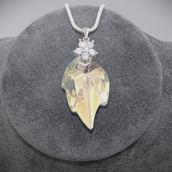 Crystal Leaf pendant  Flower bail  Silver chain  One off