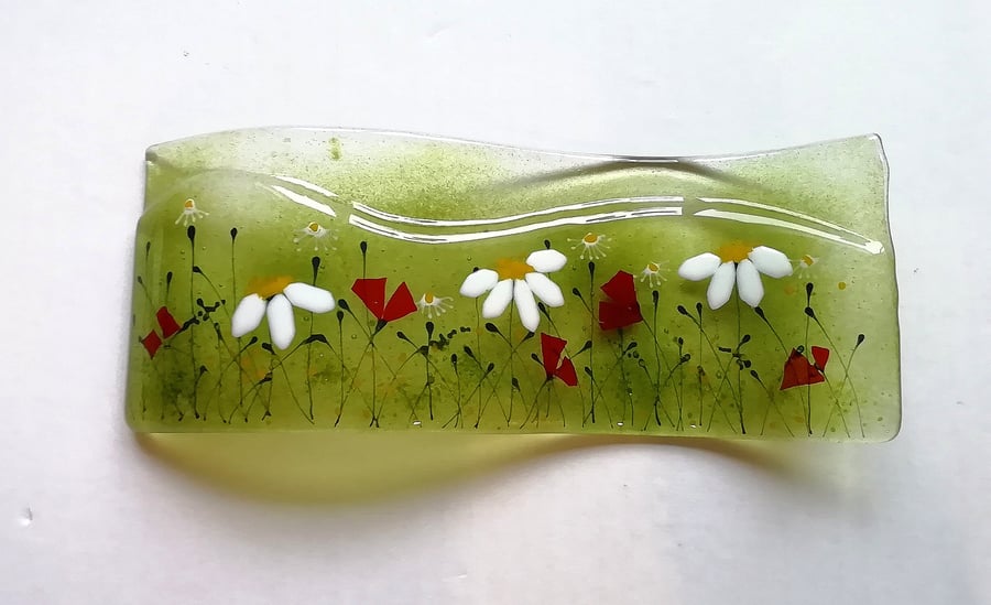 Fused Glass Meadow Ornament: Poppy and Daisy Floral Wave