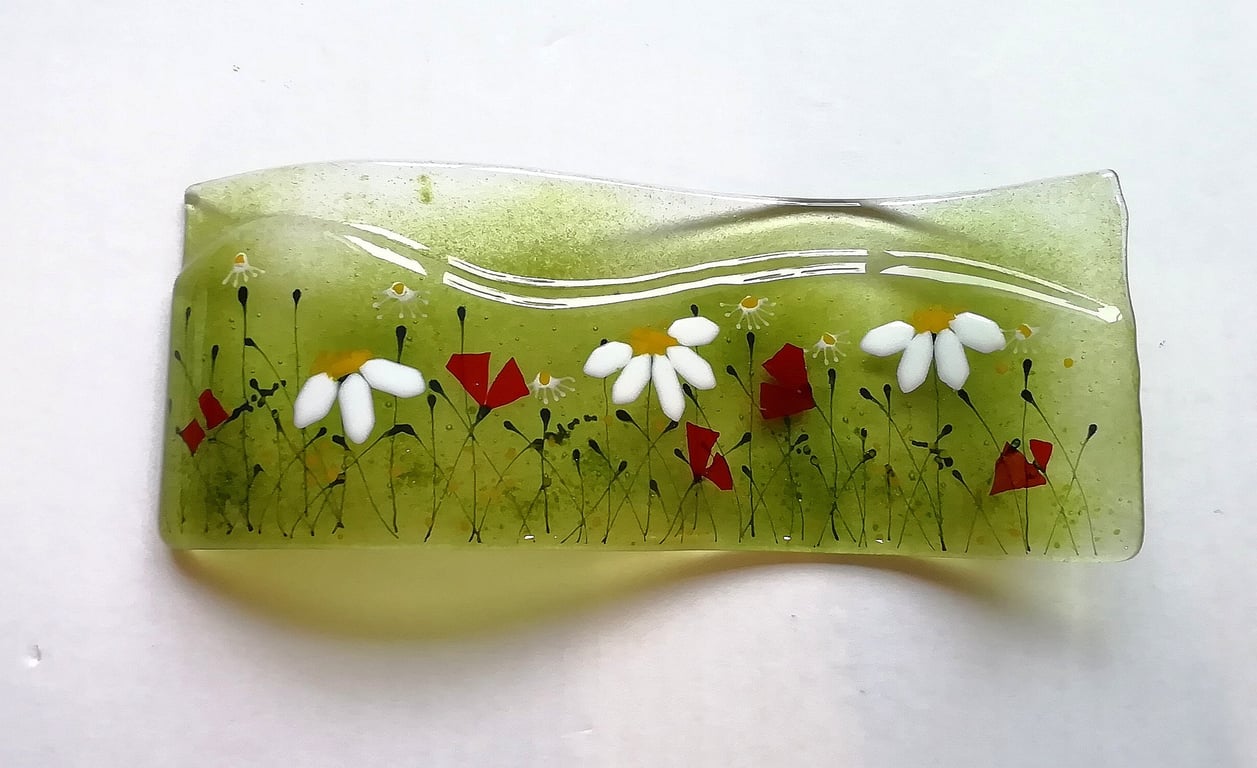 Fused Glass Meadow Ornament: Poppy and Daisy Floral Wave