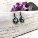 Strawberry Thief teal and gold bird fabric button earrings